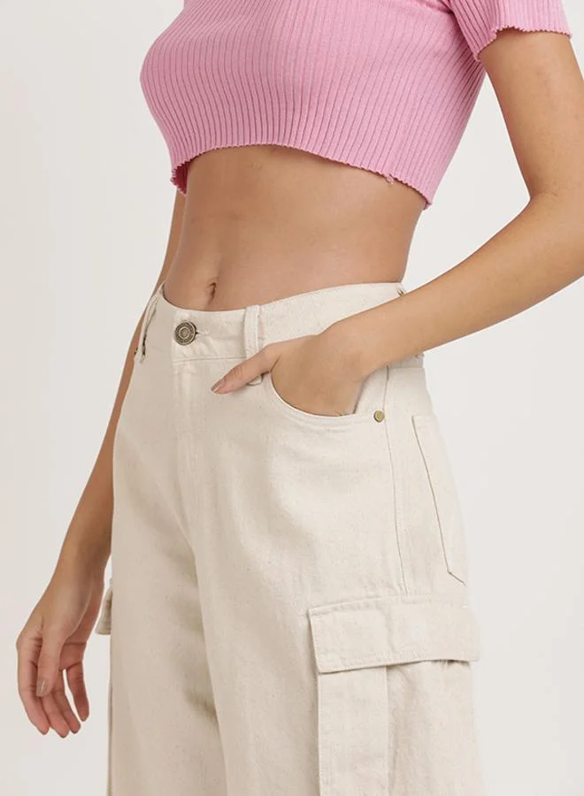 Take Two Off White Women Relaxed Fit High-Rise Pure Cotton Cargo Jeans for Women | Best Price UAE